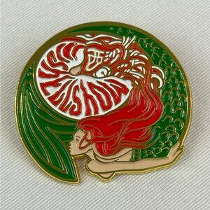 Conchologist City Club Mermaid Enamel Pin Gold Red Green Shell Show Collectible